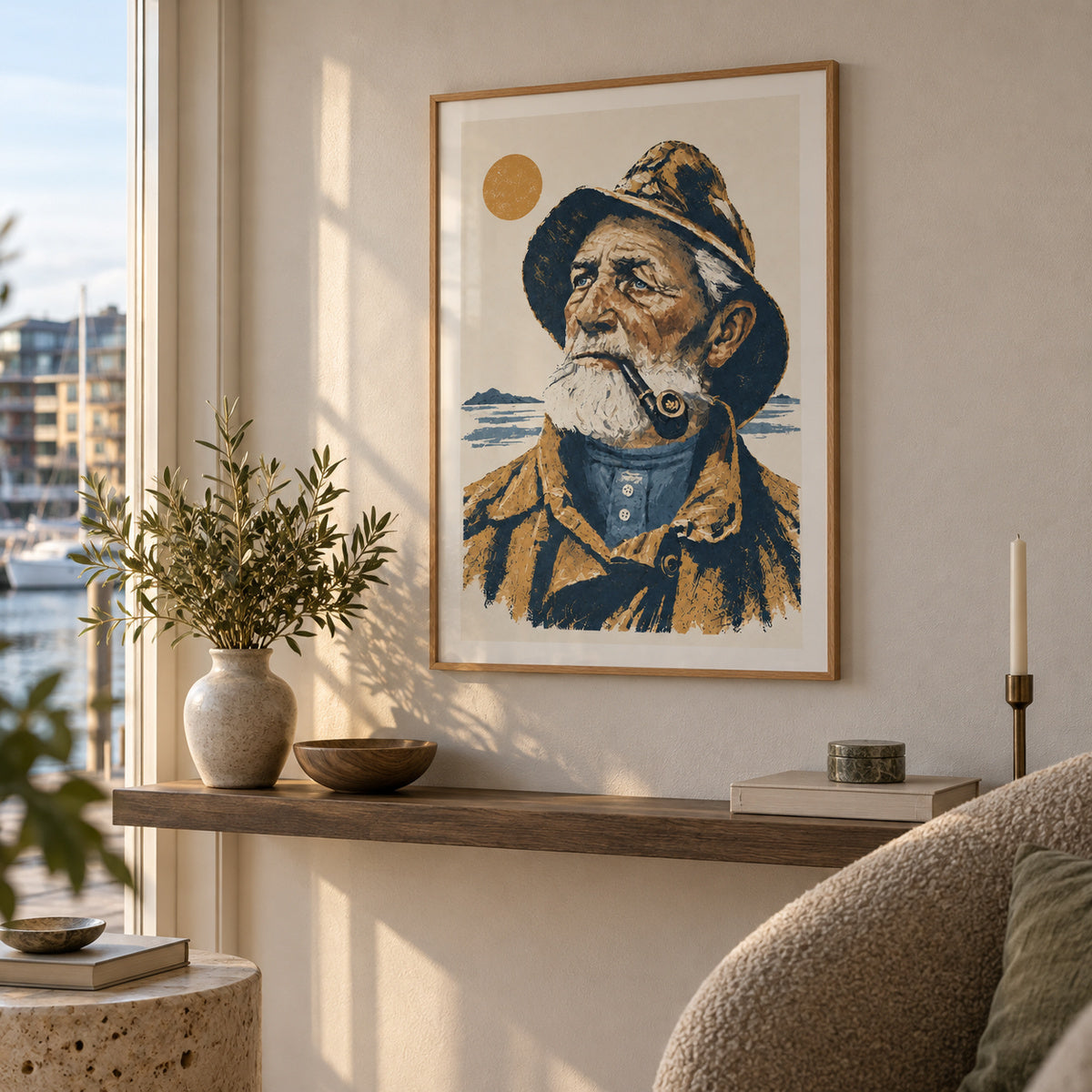 Feskaren – Grafisk kystmotiv i lys treramme ved vinduet i en leilighet på Aker Brygge.